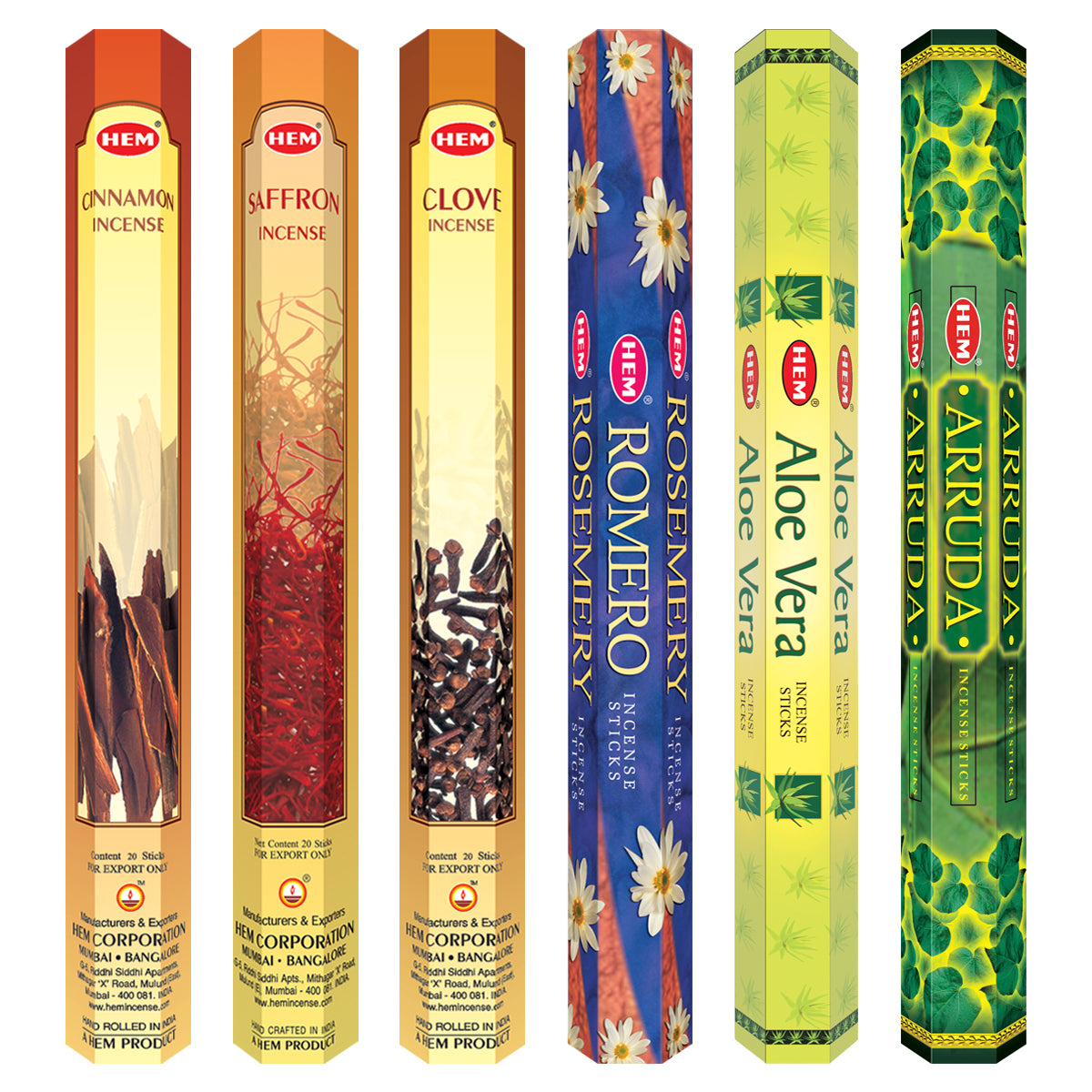 Six boxes of HEM incense sticks in various scents: Cinnamon, Saffron, Clove, Rosemary, Aloe Vera, and Arruda, displayed side by side.